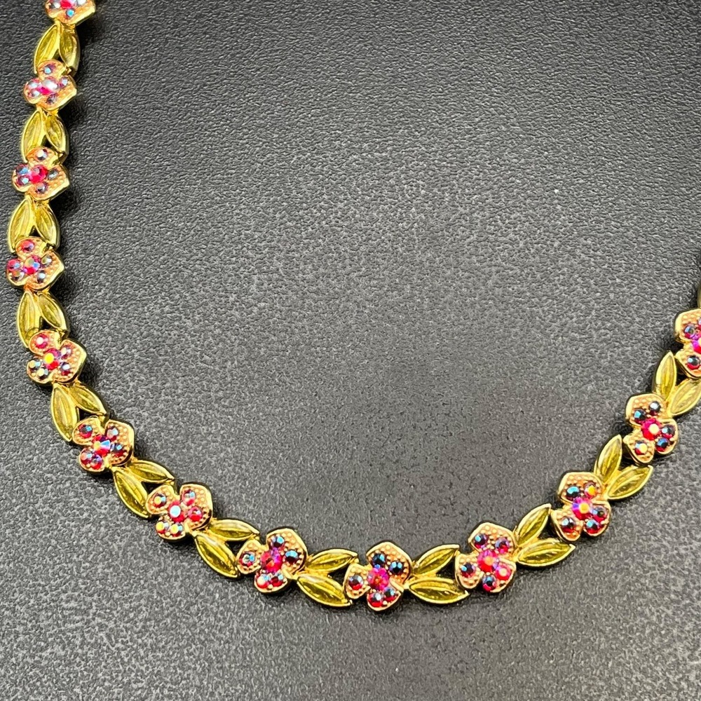 Vintage‎ Gold-Tone Floral Necklace w/ Fuchsia AB Rhinestones, 18", MTC Mark